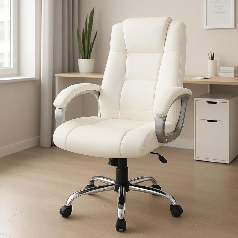 Poltrona Escritorio Couro Estofada Confortavel Base Cromada