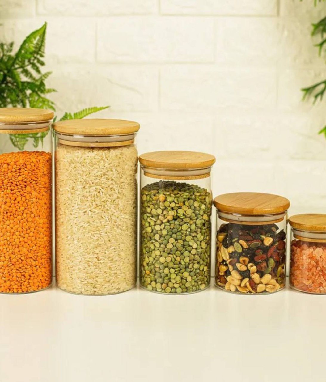 Potes De Vidro P/ Mantimentos C/ Tampa Bambu Oikos - 5 Pçs