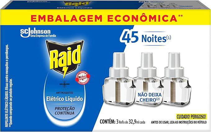 Raid Repelente Eletrico Líquido Refil, Até 45 Noites de Proteção, 3 unidades de 32,9ml