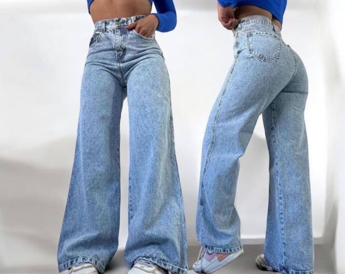 Calça Jeans Feminina Wide Leg Marmorizada Cintura Alta Sem Lycra
