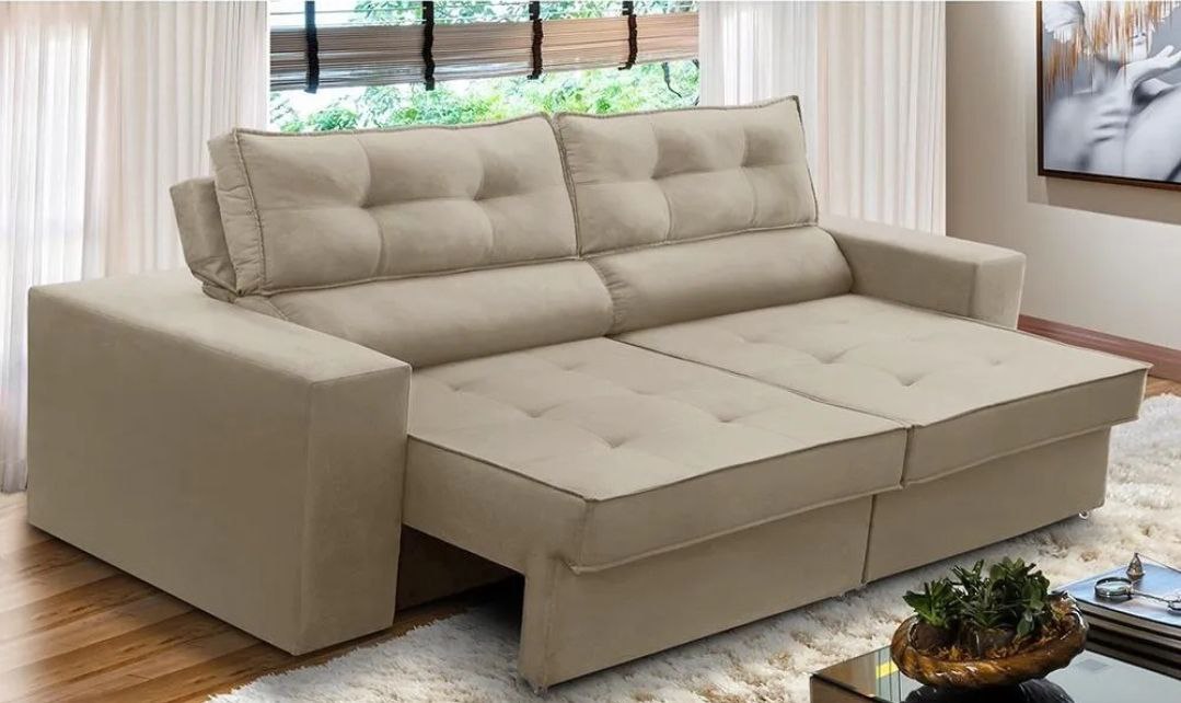 Sofá Ret Reclinável 2 Lug 1,70m Com Molas Mirela Suede Bege