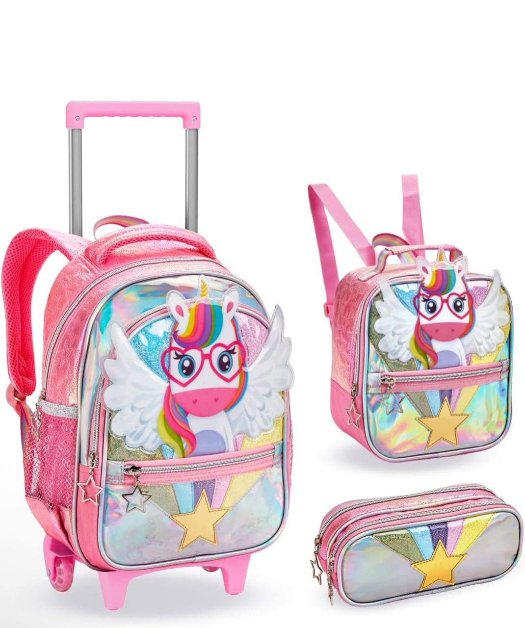Kit Mochila Infantil com Rodinhas Gel Unicórnio Lancheira Térmica e Estojo Bolsa Escolar