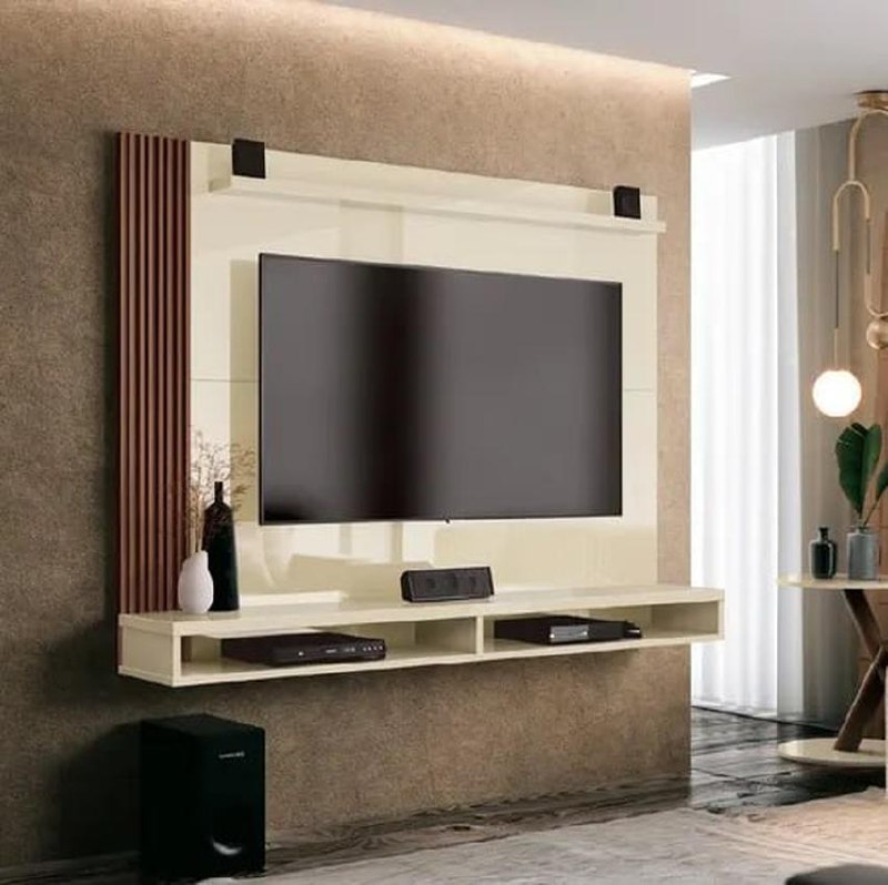 Painel Para Tv Até 50 Polegadas Dijon Ripado Com Prateleira Off White / Naturale