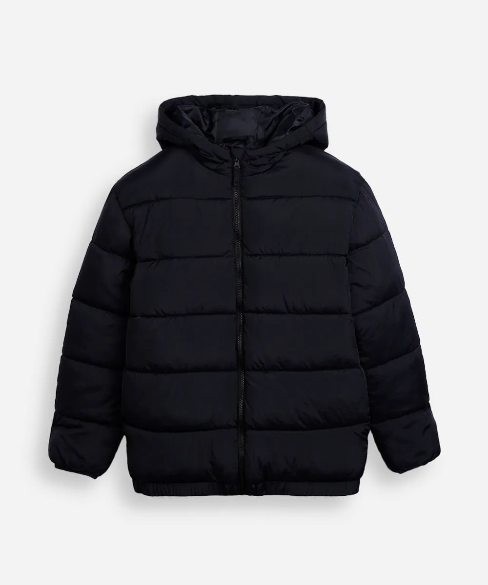 jaqueta puffer juvenil com capuz preto
