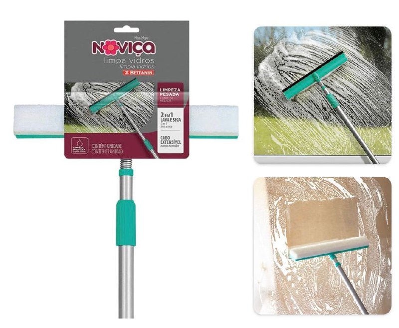 Noviça - Mop Limpa Vidros 2 em 1: Lava e Seca com Cabo Extensível Até 1,17m Bettanin
