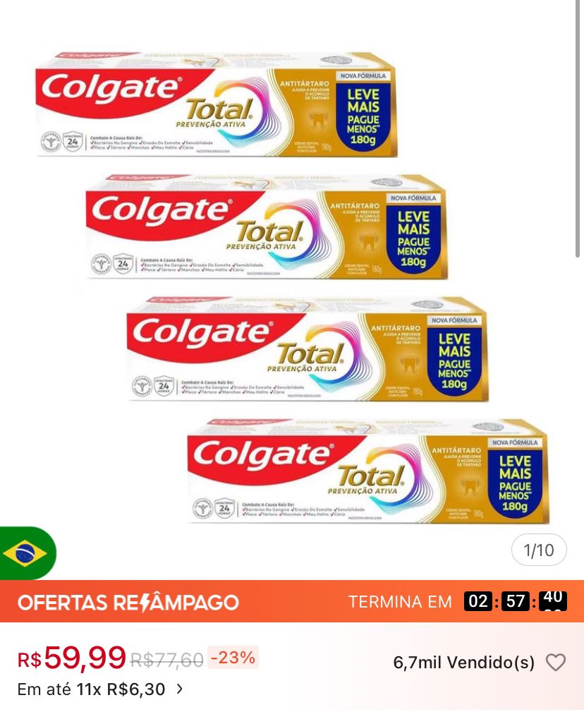 Kit 4 Creme Dental Colgate Total Anti Tártaro 180g