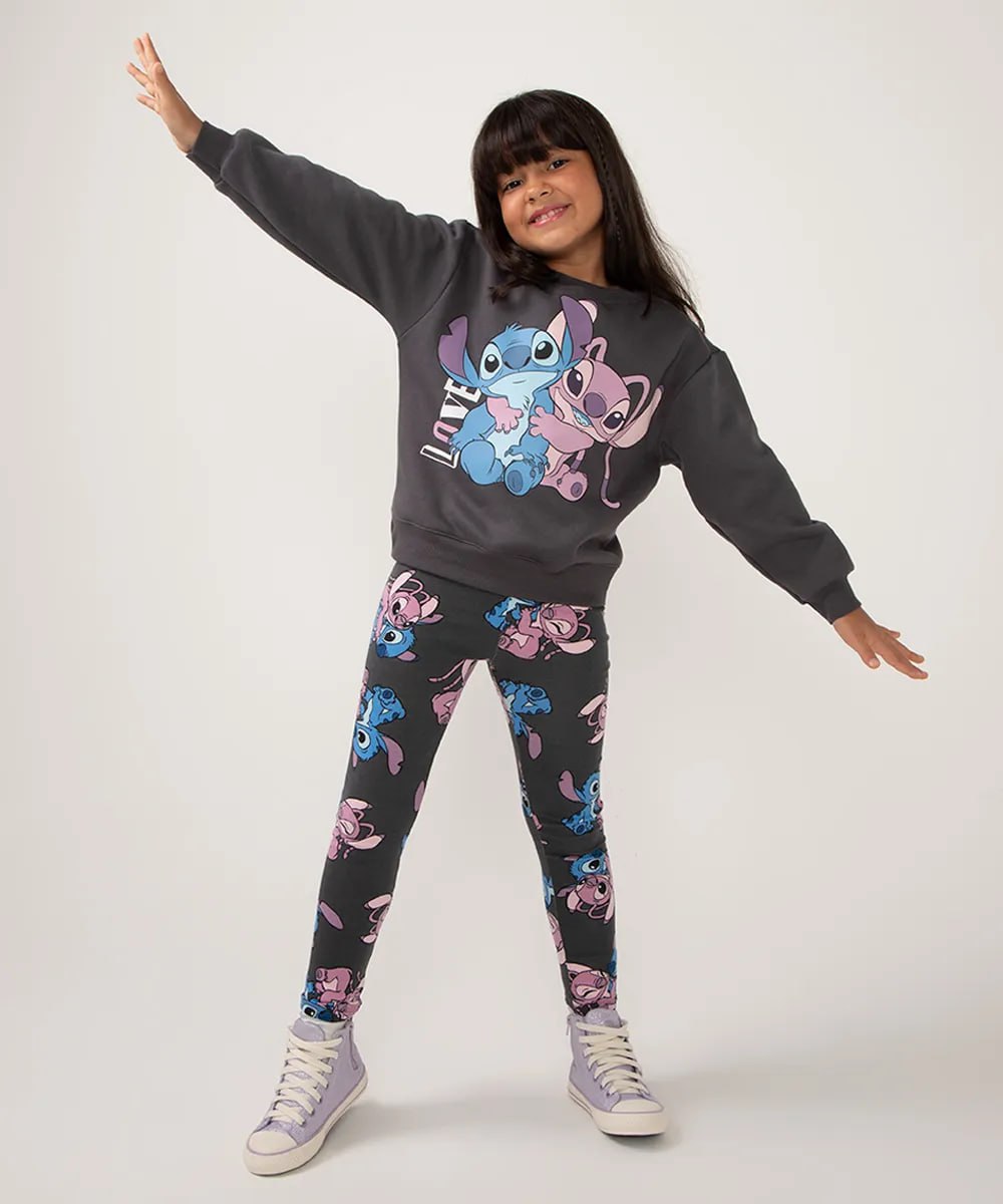 conjunto de moletom infantil stitch e angel cinza -