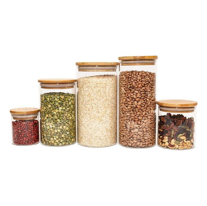 Potes De Vidro P/ Mantimentos C/ Tampa Bambu Oikos - 5 Pçs