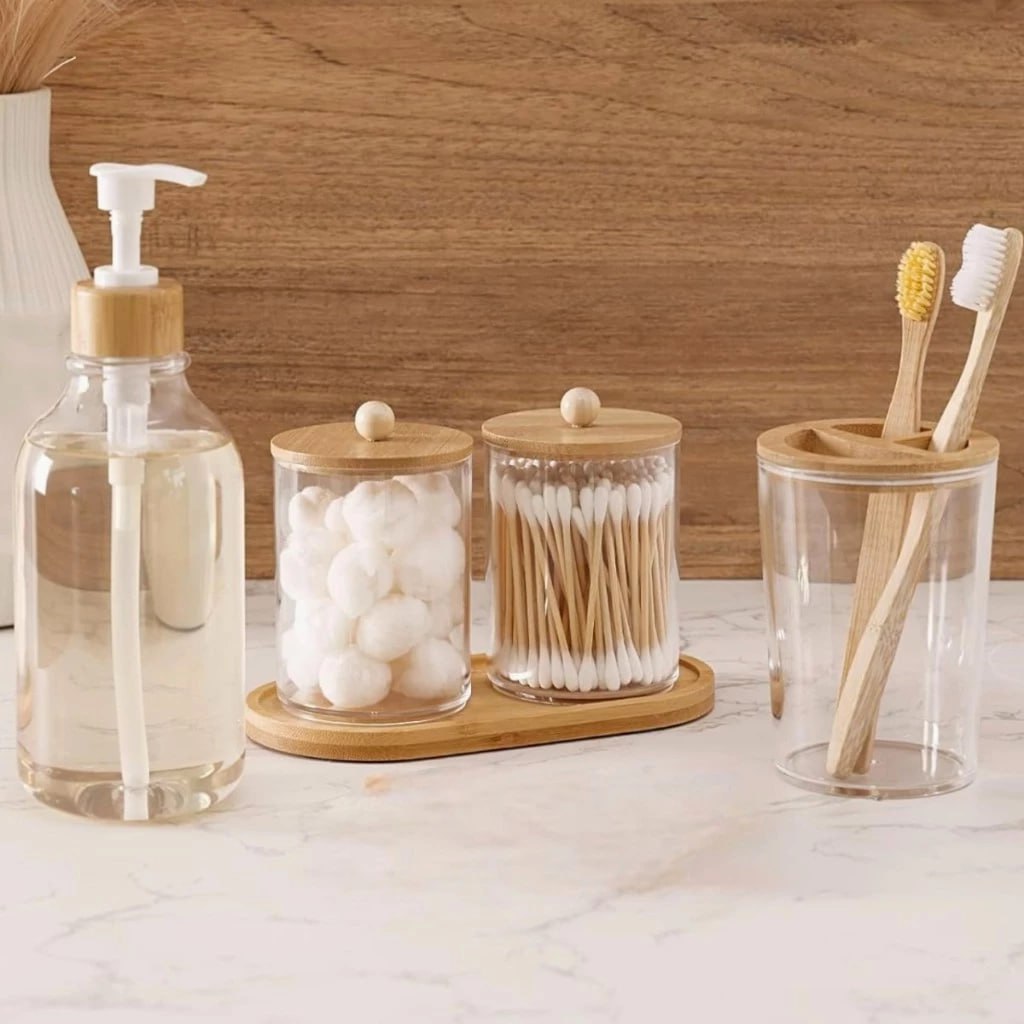 Conjunto Banheiro Lavabo 5 Peças Bambu Porta-Objetos, Dispenser, Escova e Bandeja